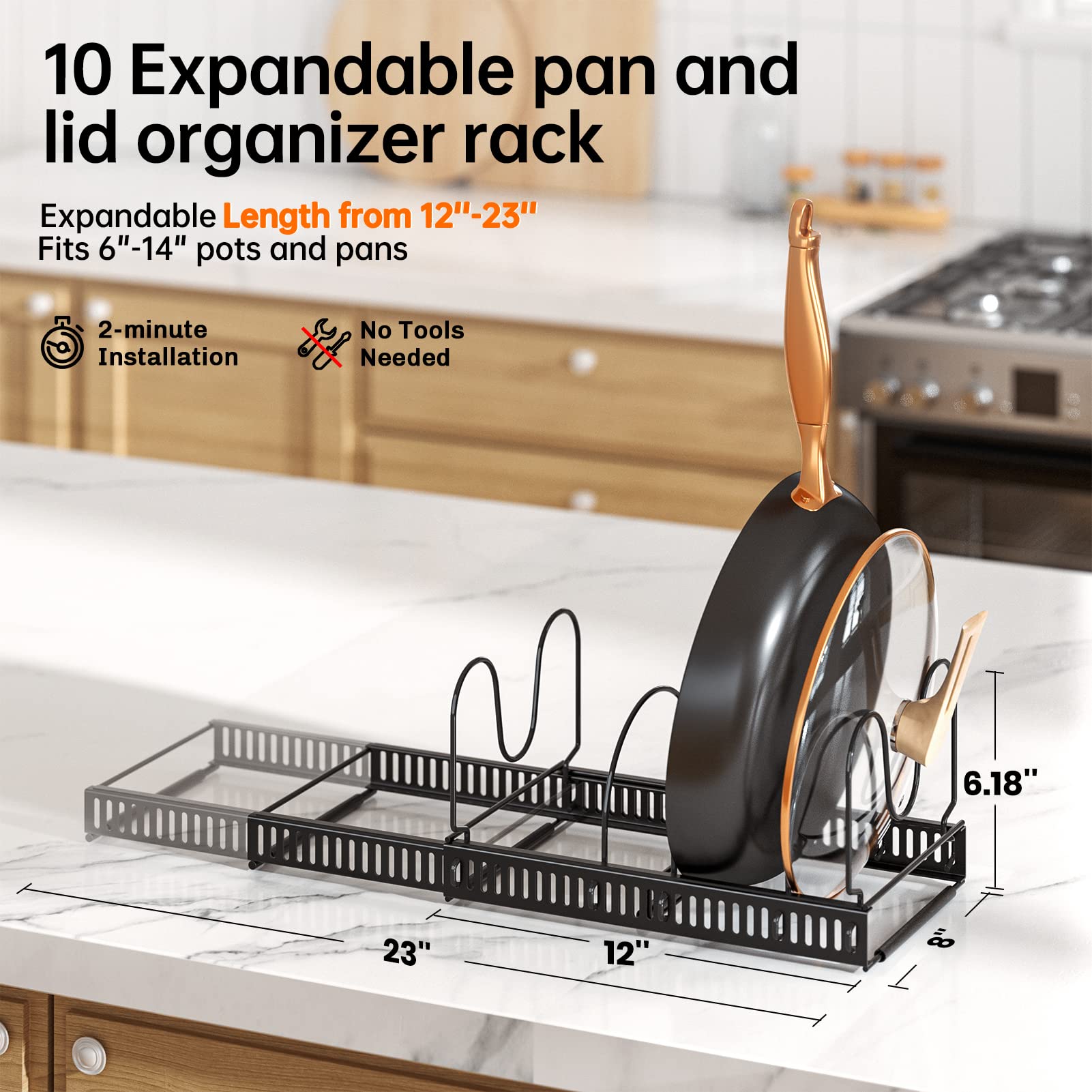 MUDEELA Expandable Pots and Pans Organizer Rack – 10 Adjustable Compartments for Lids, Cutting Boards, Cast Iron & Cookware, Fits Under Cabinet