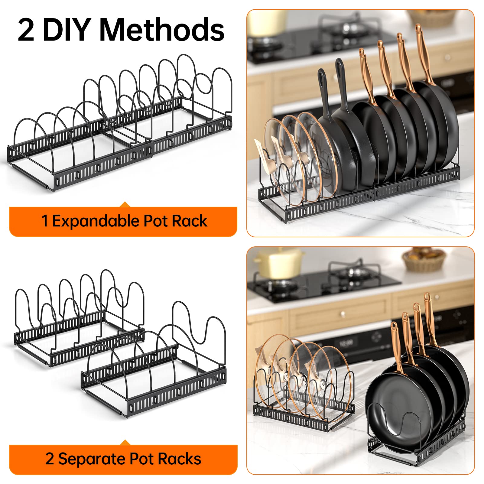 MUDEELA Expandable Pots and Pans Organizer Rack – 10 Adjustable Compartments for Lids, Cutting Boards, Cast Iron & Cookware, Fits Under Cabinet