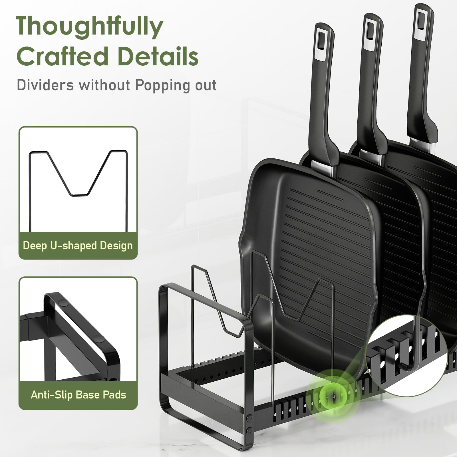 MUDEELA Pot Rack Pan Organizer inside Cabinet - Expandable Pot Lid Organizer for Cabinet with 12 Adjustable Dividers, Cutting Board Organizer Holder Baking Rack Kitchen Cabinet Storage Organization