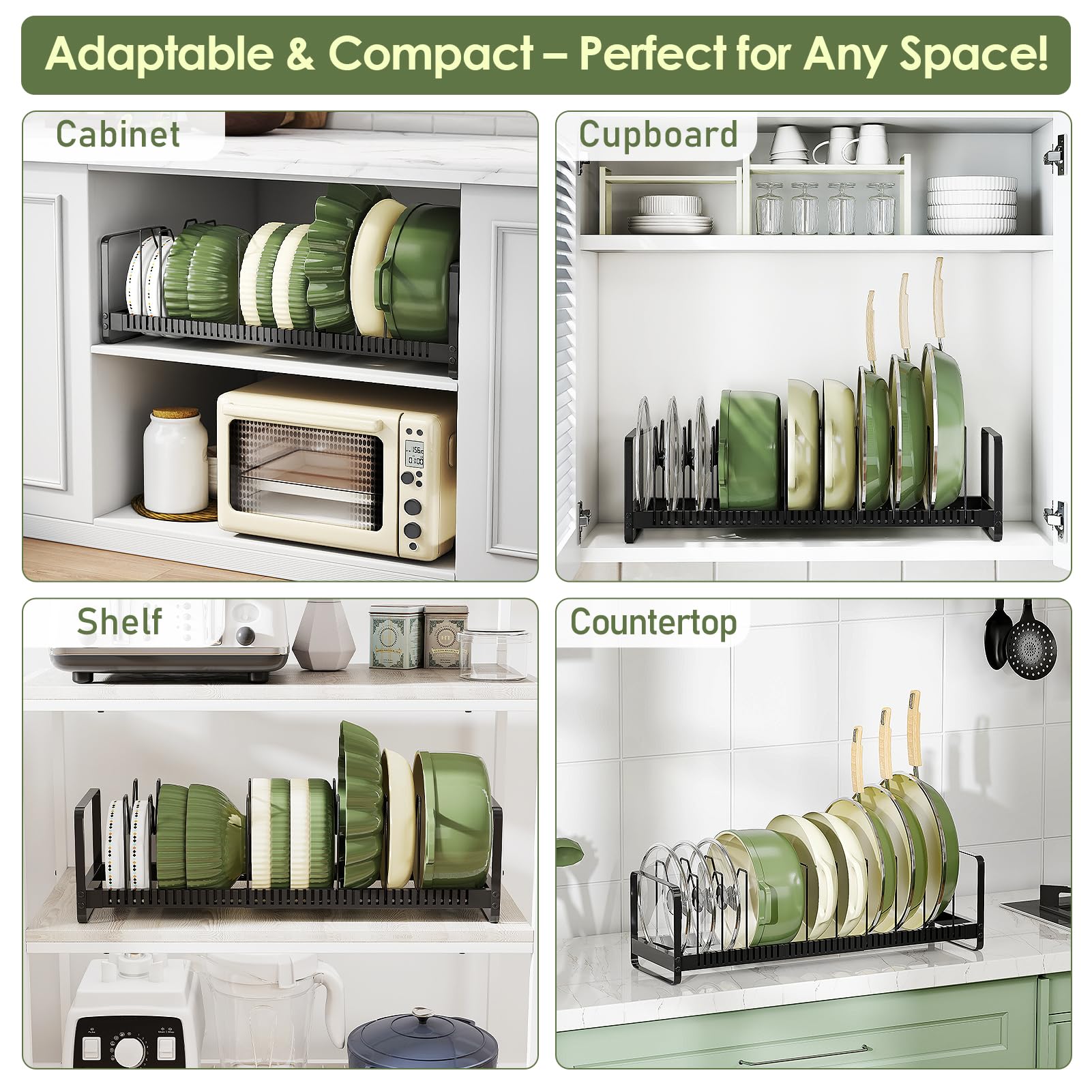 MUDEELA Pot Rack Pan Organizer inside Cabinet - Expandable Pot Lid Organizer for Cabinet with 12 Adjustable Dividers, Cutting Board Organizer Holder Baking Rack Kitchen Cabinet Storage Organization