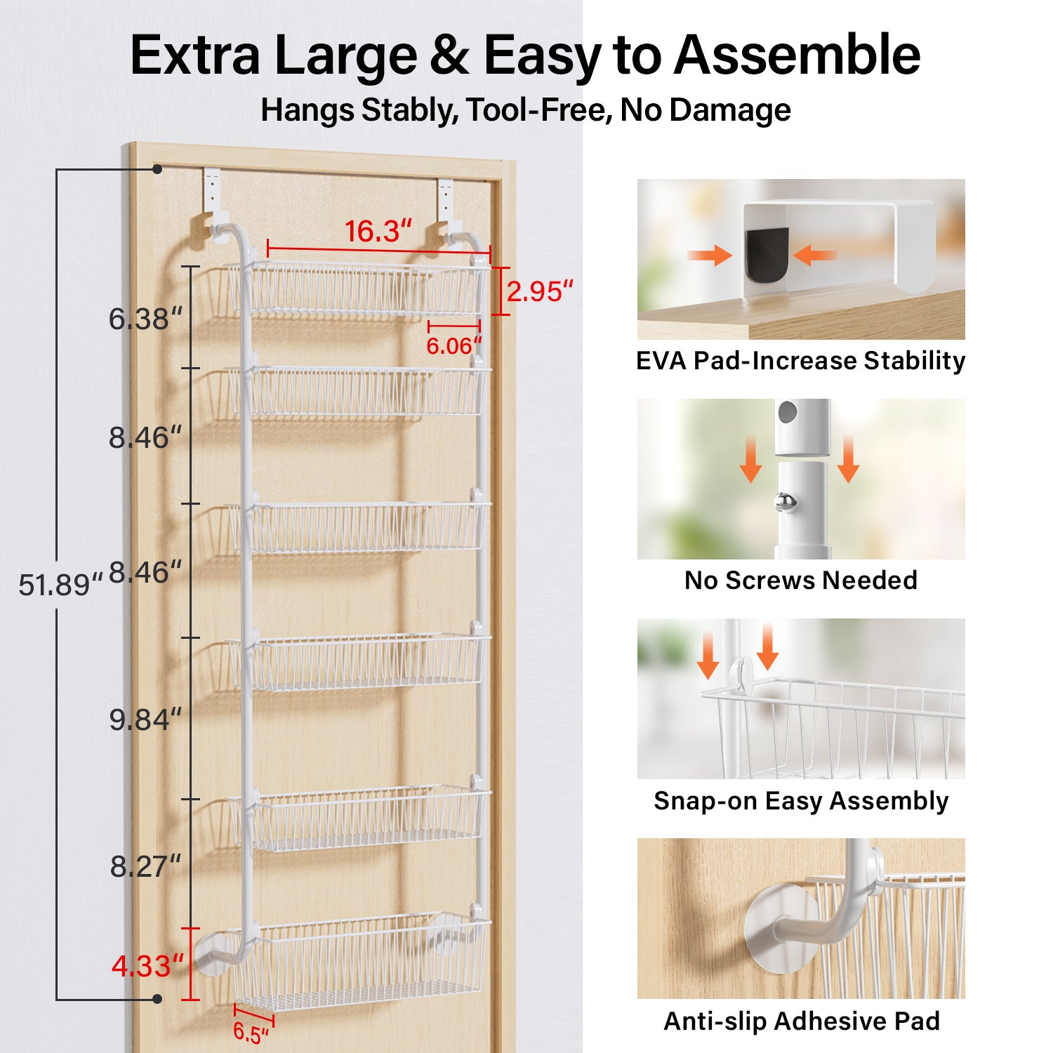 6-Tier Over the Door Pantry Organizer, Heavy-Duty Metal Pantry Door Organizer with 6 Baskets, Hanging Storage Door Organization Kitchen Spice Rack
