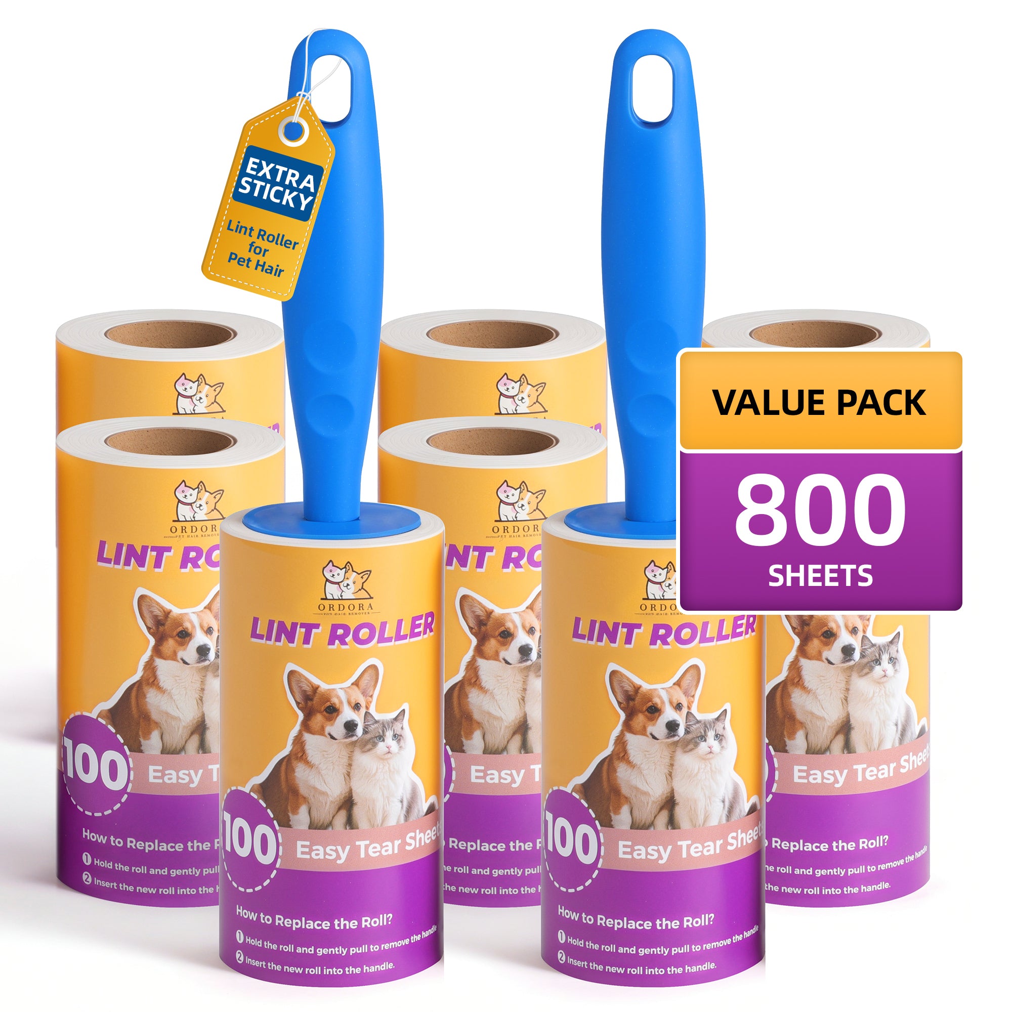 ORDORA Lint Rollers Extra Sticky Pet Hair Removal Lint Roller, 800 Sheets