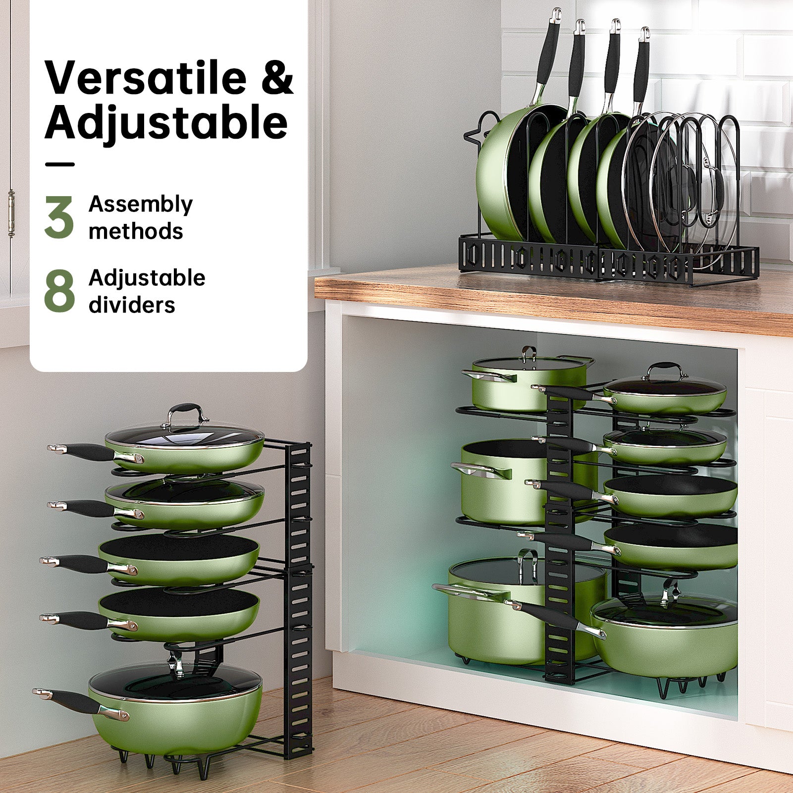 MUDEELA Pots and Pans Organizer Rack for under Cabinet, Expandable 11.65'' to 19" Adjustable Pot Rack with 3 DIY Methods