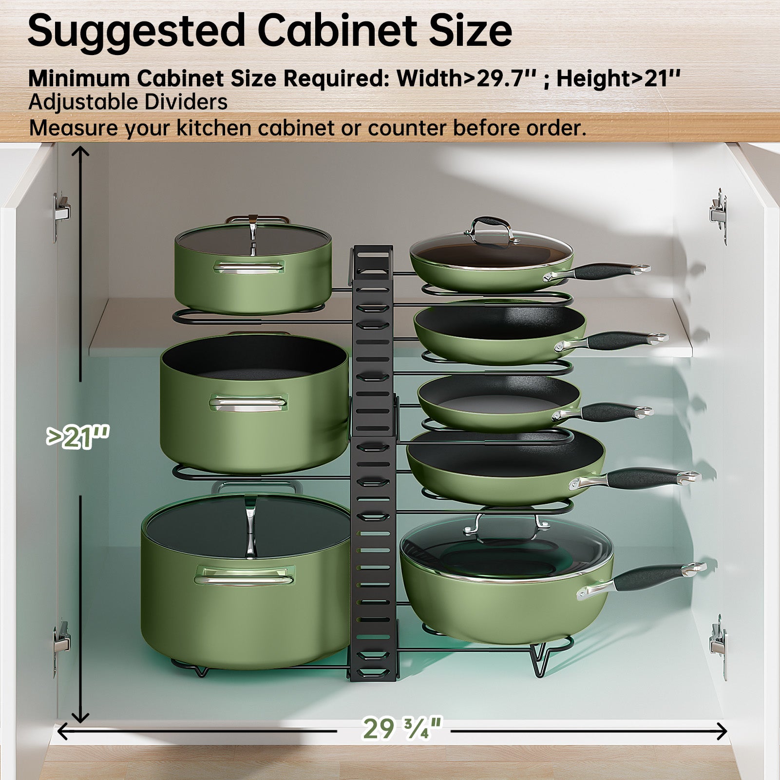 MUDEELA Pots and Pans Organizer Rack for under Cabinet, Expandable 11.65'' to 19" Adjustable Pot Rack with 3 DIY Methods
