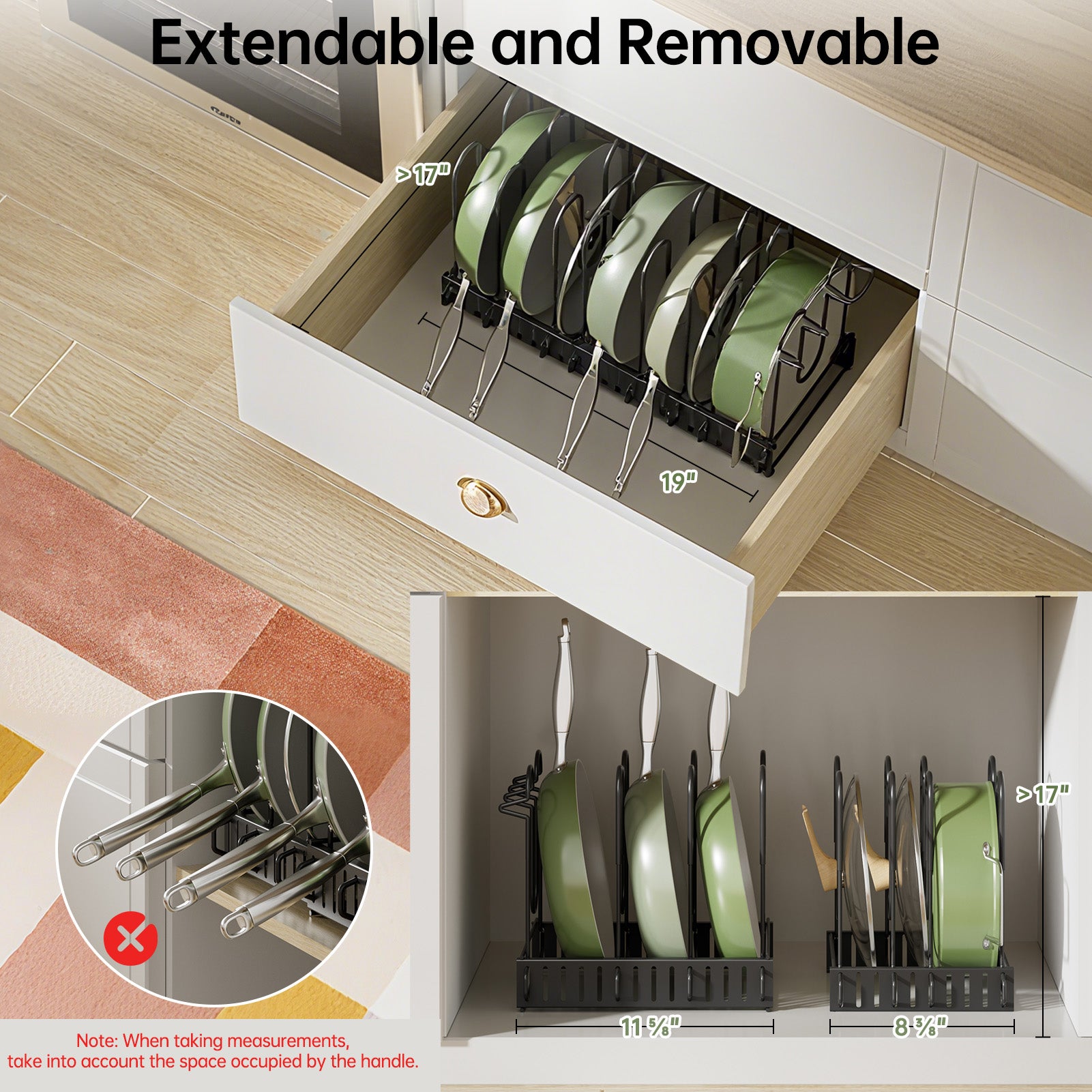 MUDEELA Pots and Pans Organizer Rack for under Cabinet, Expandable 11.65'' to 19" Adjustable Pot Rack with 3 DIY Methods
