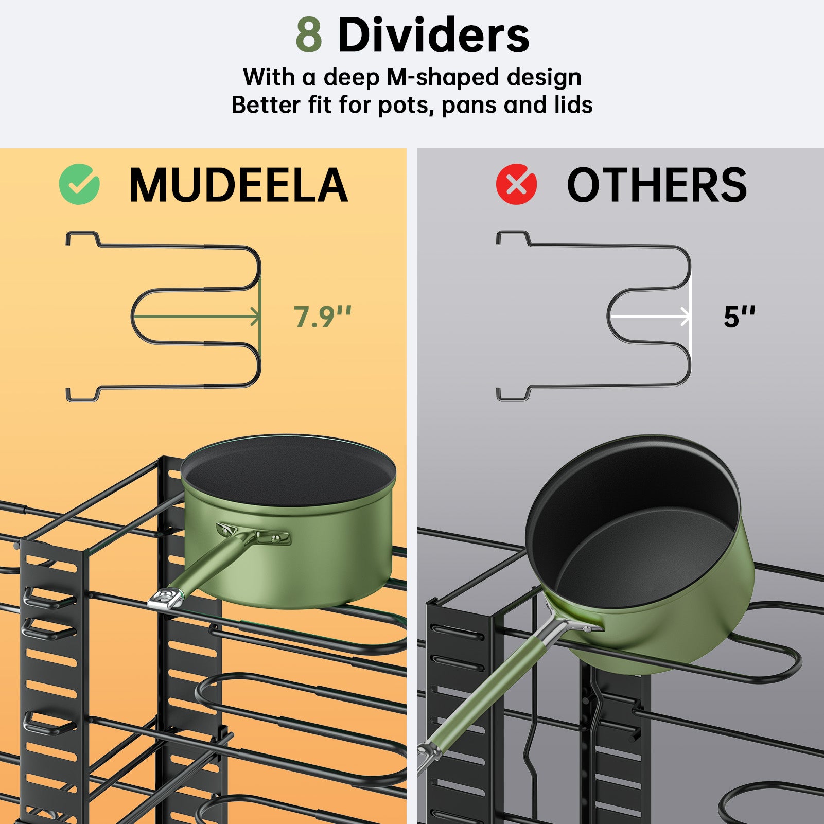 MUDEELA Pots and Pans Organizer Rack for under Cabinet, Expandable 11.65'' to 19" Adjustable Pot Rack with 3 DIY Methods