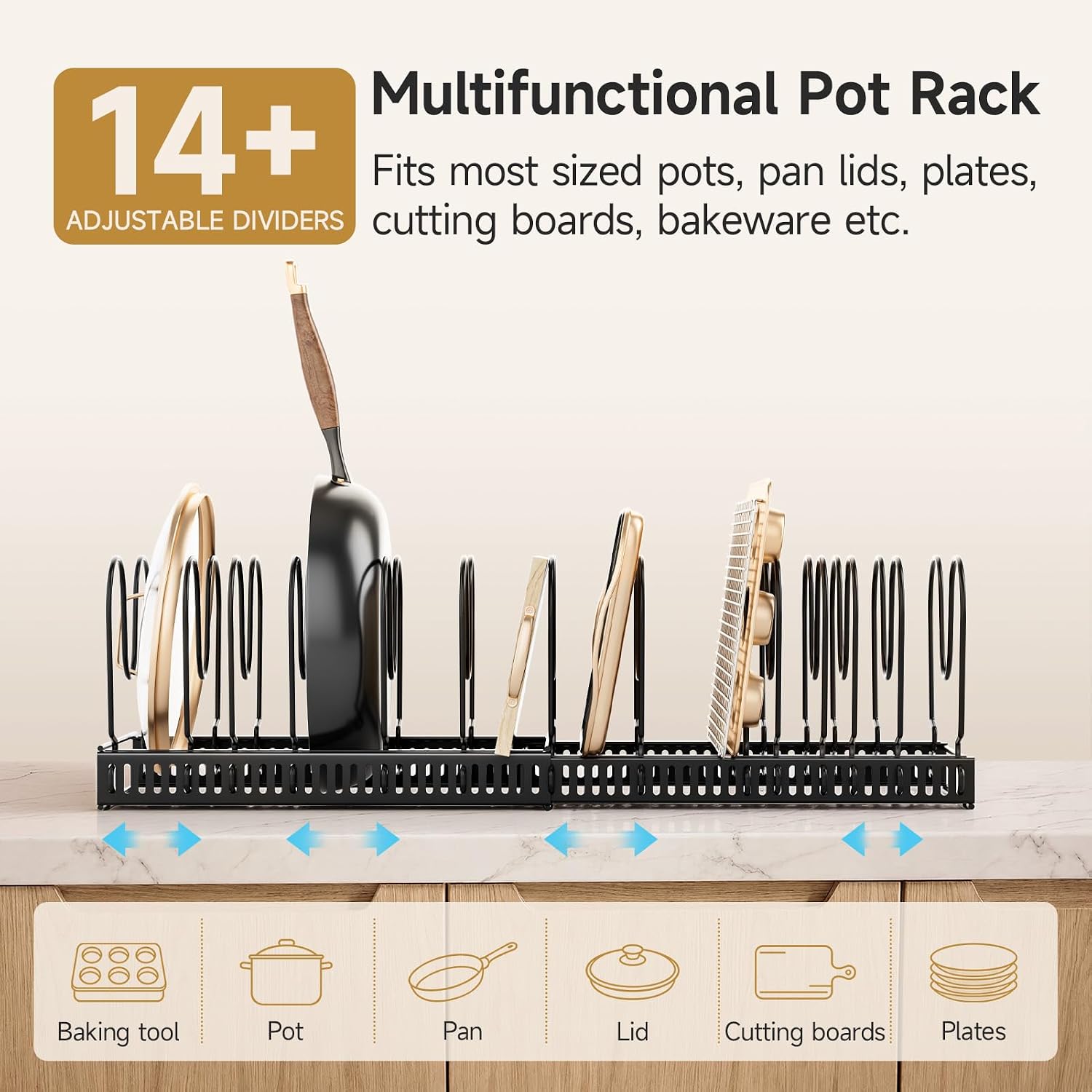 MUDEELA Pot Lid Organizer for Cabinet, Adjustable Baking Pan Rack 7-14 Slots
