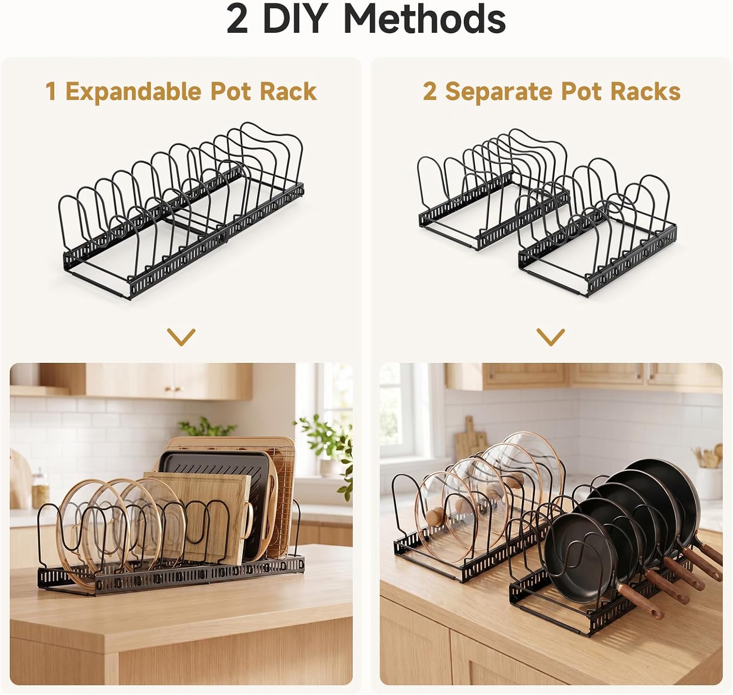 MUDEELA Pot Lid Organizer for Cabinet, Adjustable Baking Pan Rack 7-14 Slots