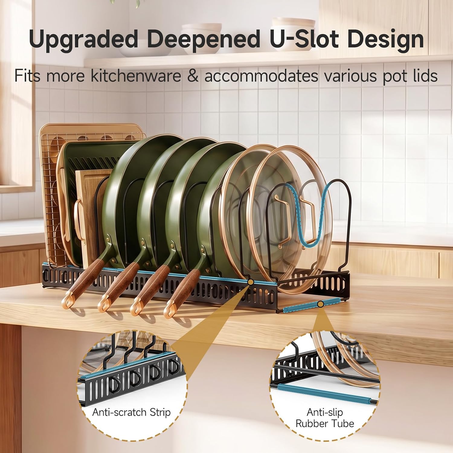 MUDEELA Pot Lid Organizer for Cabinet, Adjustable Baking Pan Rack 7-14 Slots