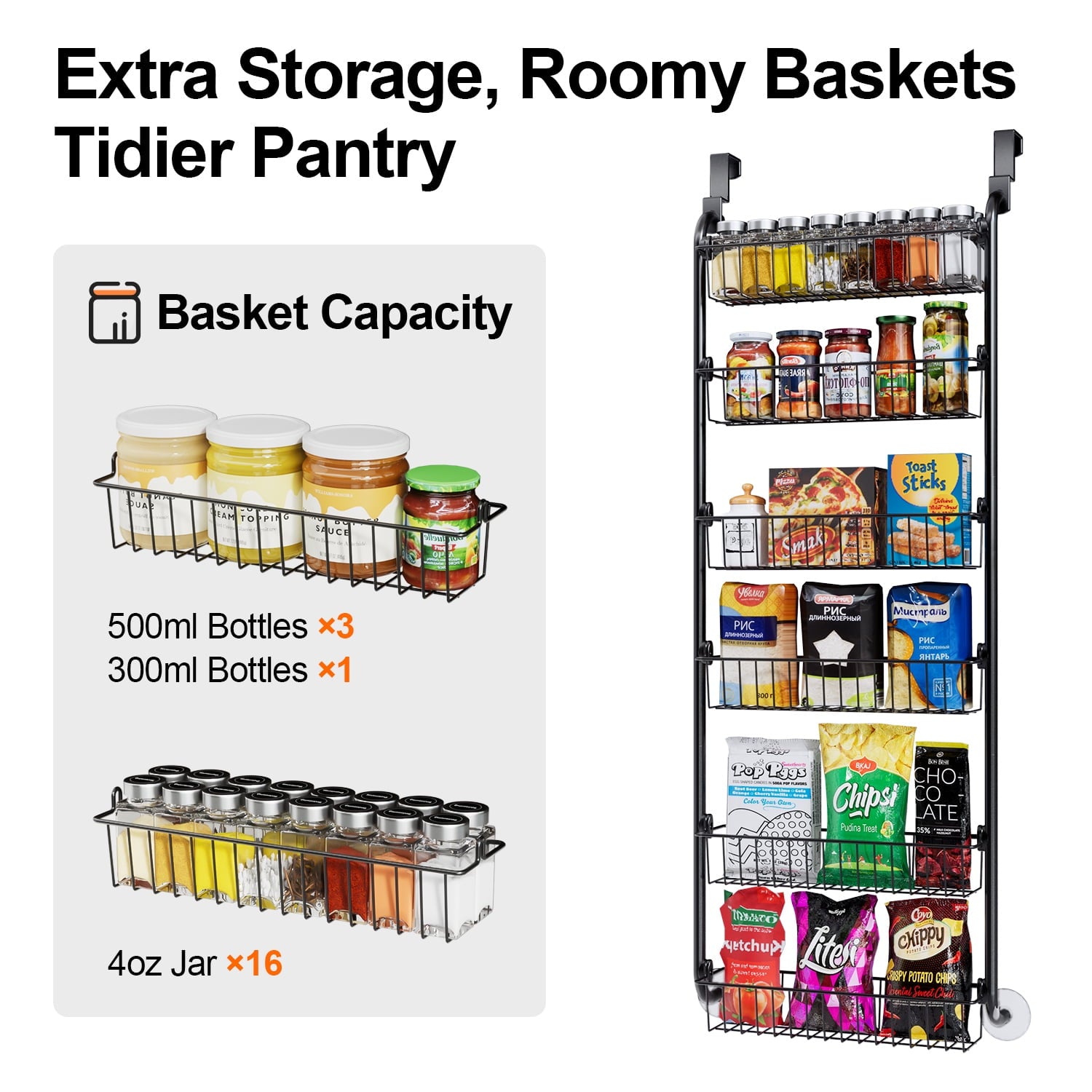 6 Tier Over the Door Pantry Organizer and Storage Rack with 6 Full Baskets, Metal Hanging & Wall Mounted Kitchen Storage Spice Rack-Black