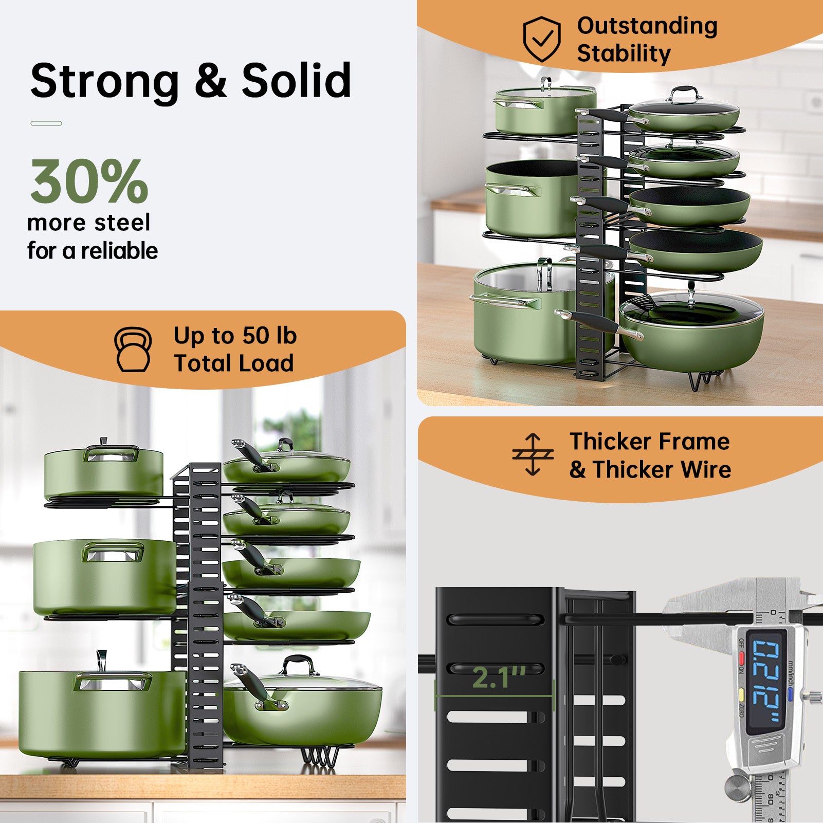 MUDEELA Pots and Pans Organizer Rack for under Cabinet, Expandable 11.65'' to 19" Adjustable Pot Rack with 3 DIY Methods