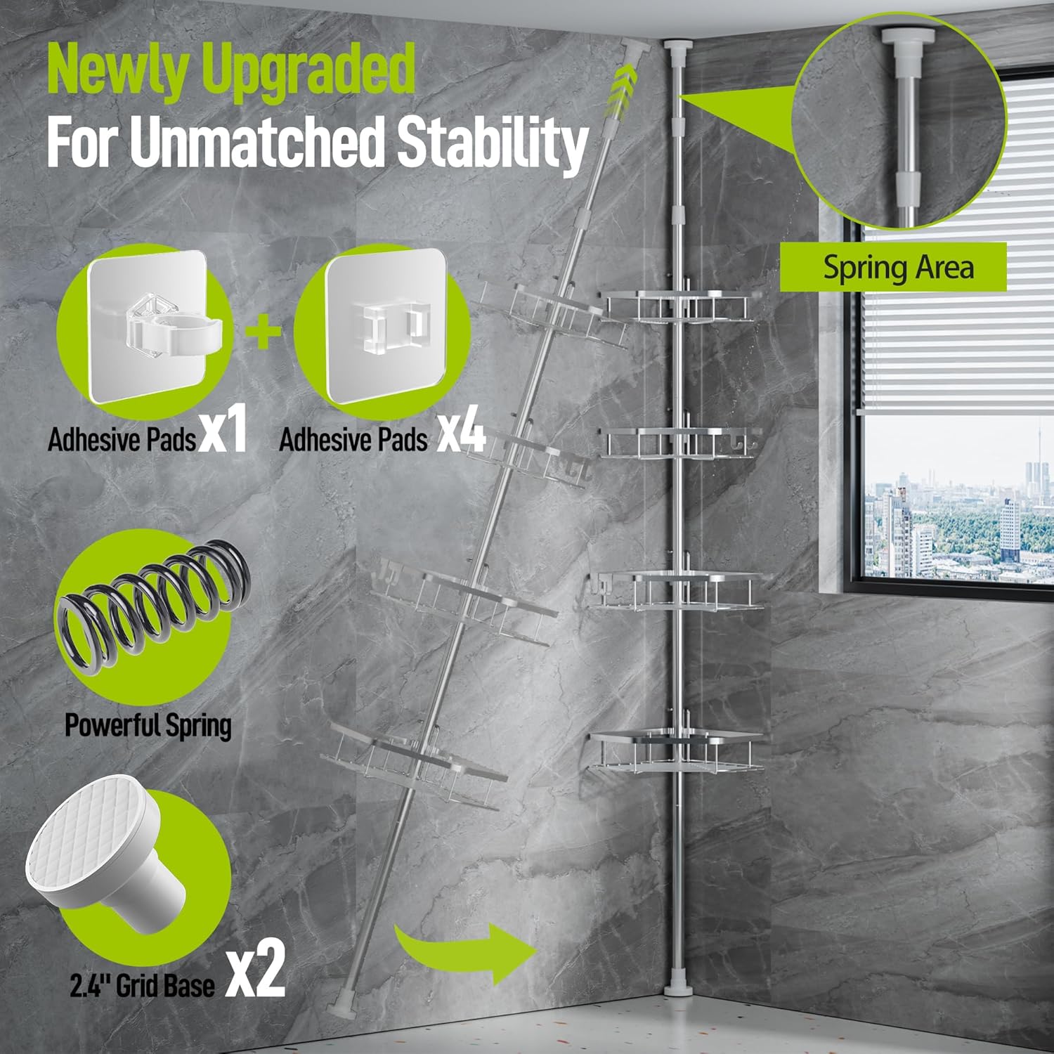 LazySpin 4-Tier Corner Shower Caddy Tension Pole, Silver