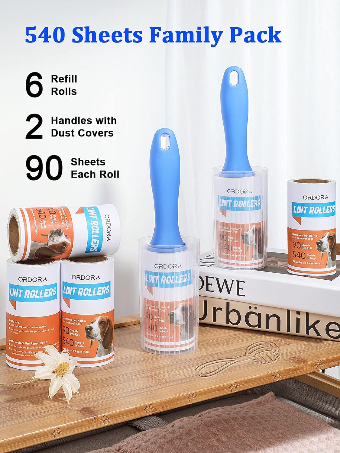 Lint Rollers for Pet Hair, ORDORA Extra Sticky Lint Rollers Refill 6 Pack for Clothes, 540 sheets