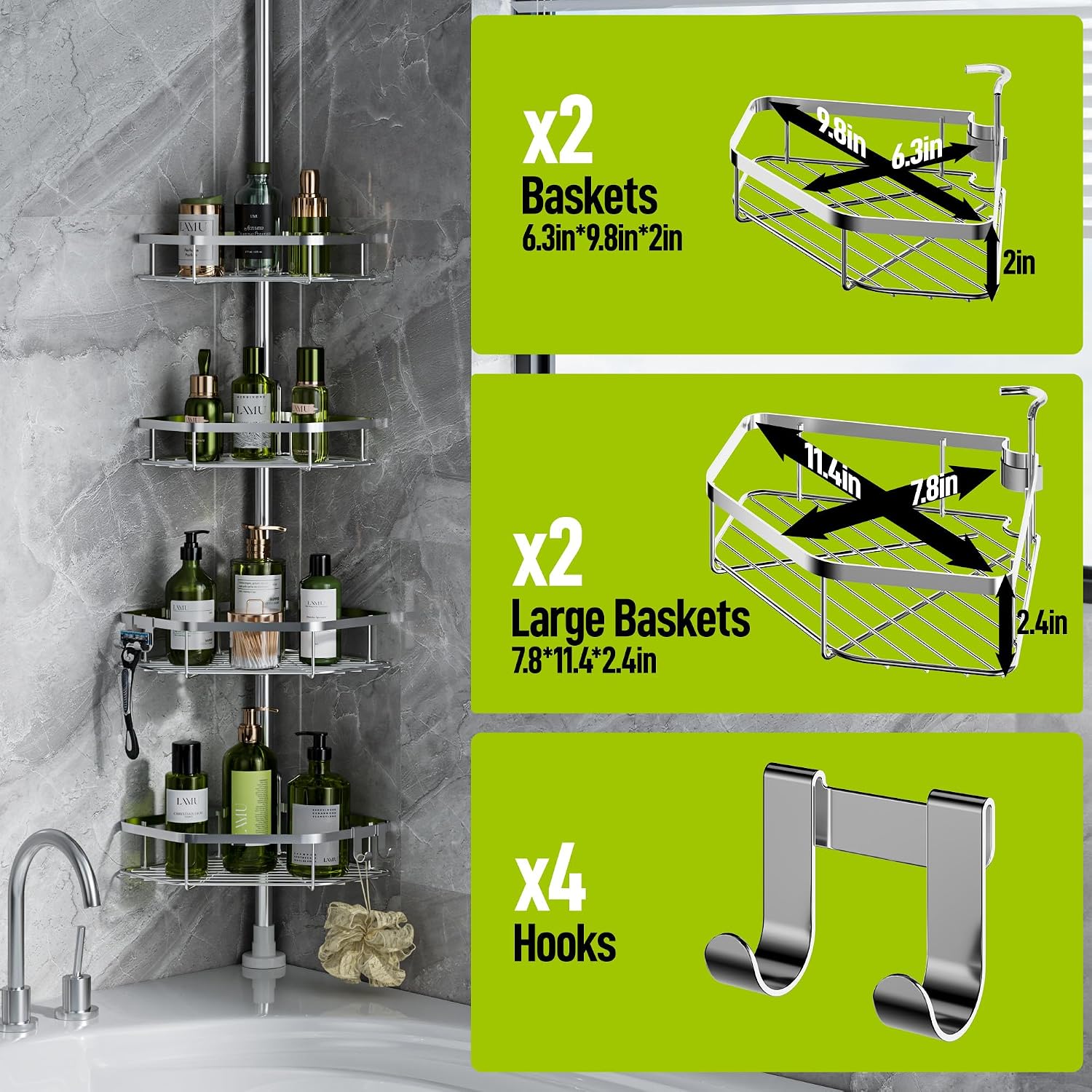 LazySpin 4-Tier Corner Shower Caddy Tension Pole, Silver