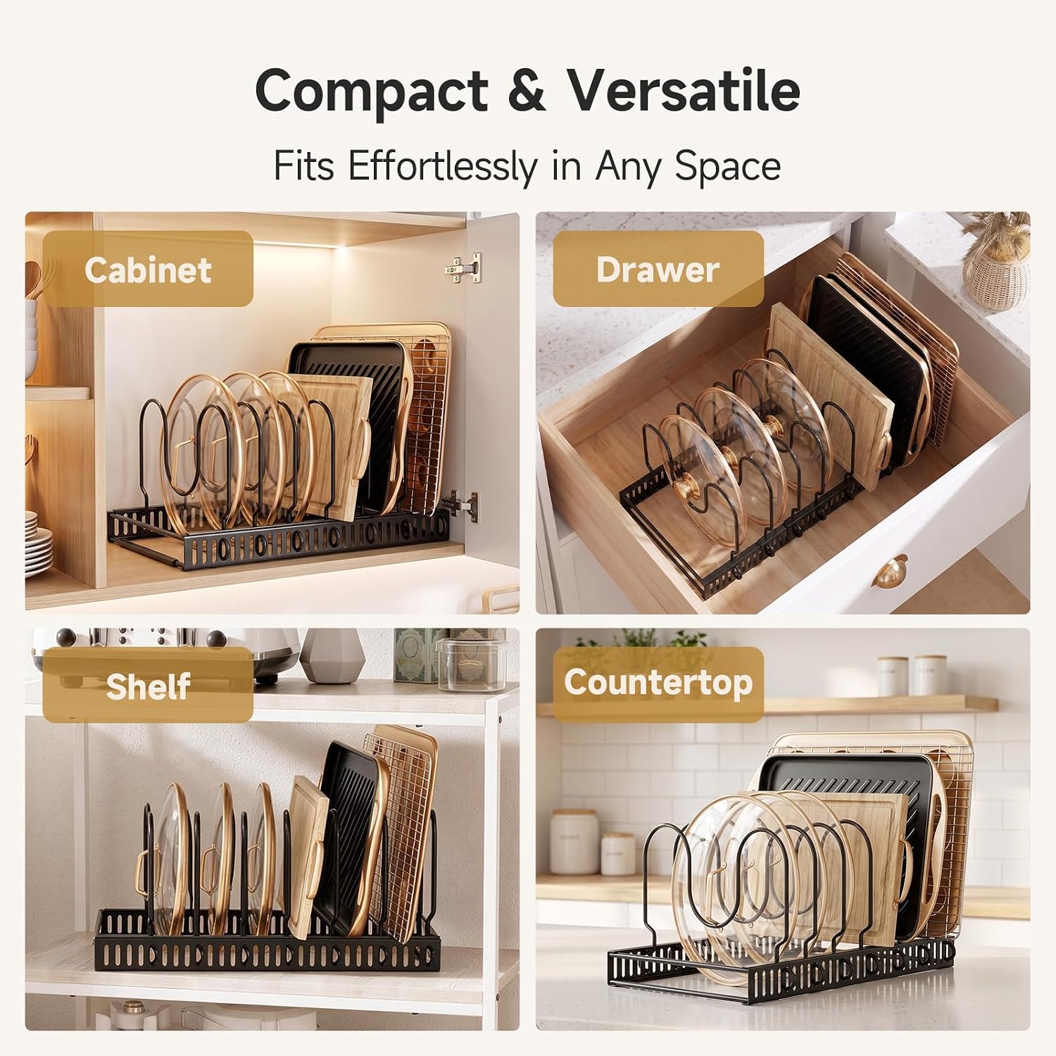 MUDEELA Pot Lid Organizer for Cabinet, Adjustable Baking Pan Rack 7-14 Slots
