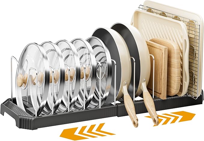 MUDEELA Pot Lid Organizer Rack for Cabinet, Expandable Pots and Pans Organizer under Cabinet with 12 Adjustable Dividers, Pan Organizers Holder inside Cabinet for Cutting Boards, Baking Sheets, White
