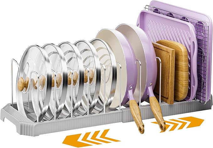 MUDEELA Pot Lid Organizer Rack for Cabinet, Expandable Pots and Pans Organizer under Cabinet with 12 Adjustable Dividers, Pan Organizers Holder inside Cabinet for Cutting Boards, Baking Sheets, White