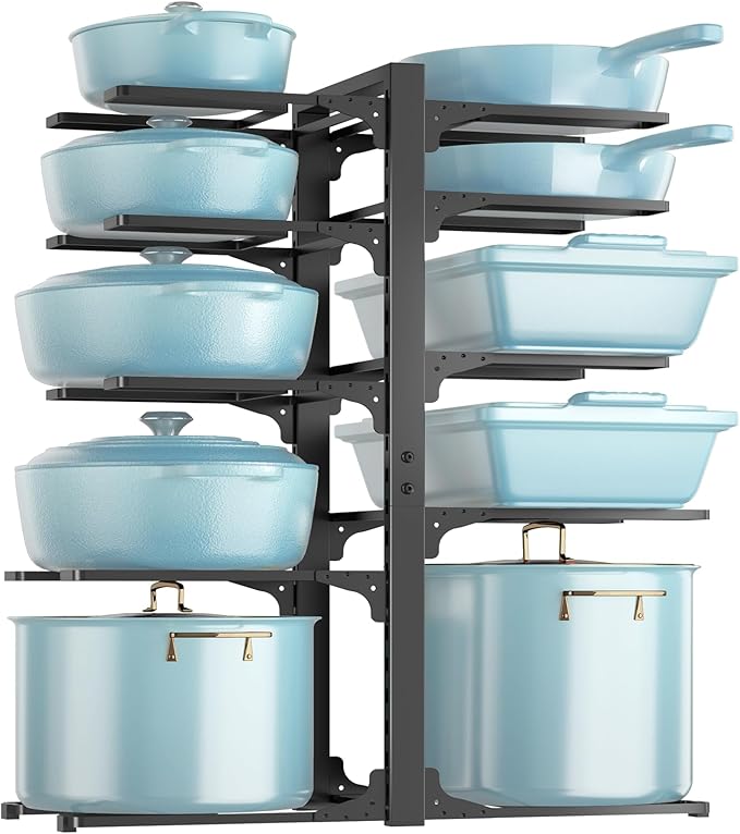 MUDEELA Pots and Pans Organizer Rack under Cabinet 20.8" Height, 8-Tier Adjustable Heavy Duty 120LBS Pot and Pan Organizer Rack inside Cabinet for Kitchen Organizer Cast-iron Pans, Heavy Cookware