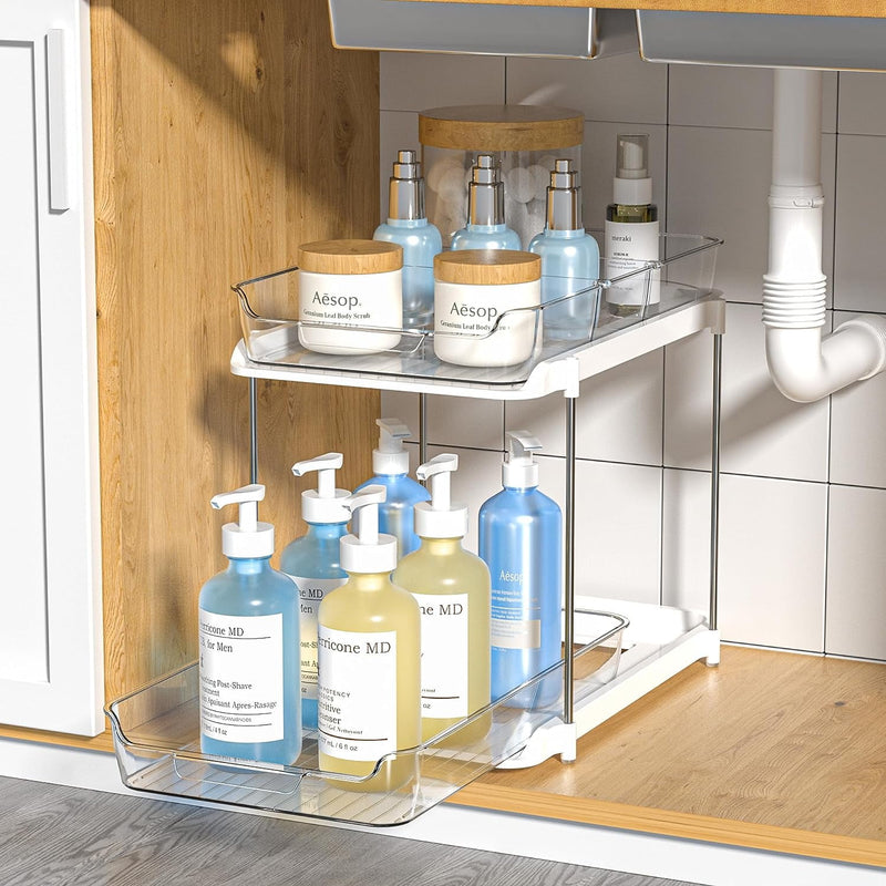 Clear Under Sink Organizers, Delamu 2-Tier Sliding Drawer Under the Counter Bathroom Storage with Divider Stackable, 1 Pack