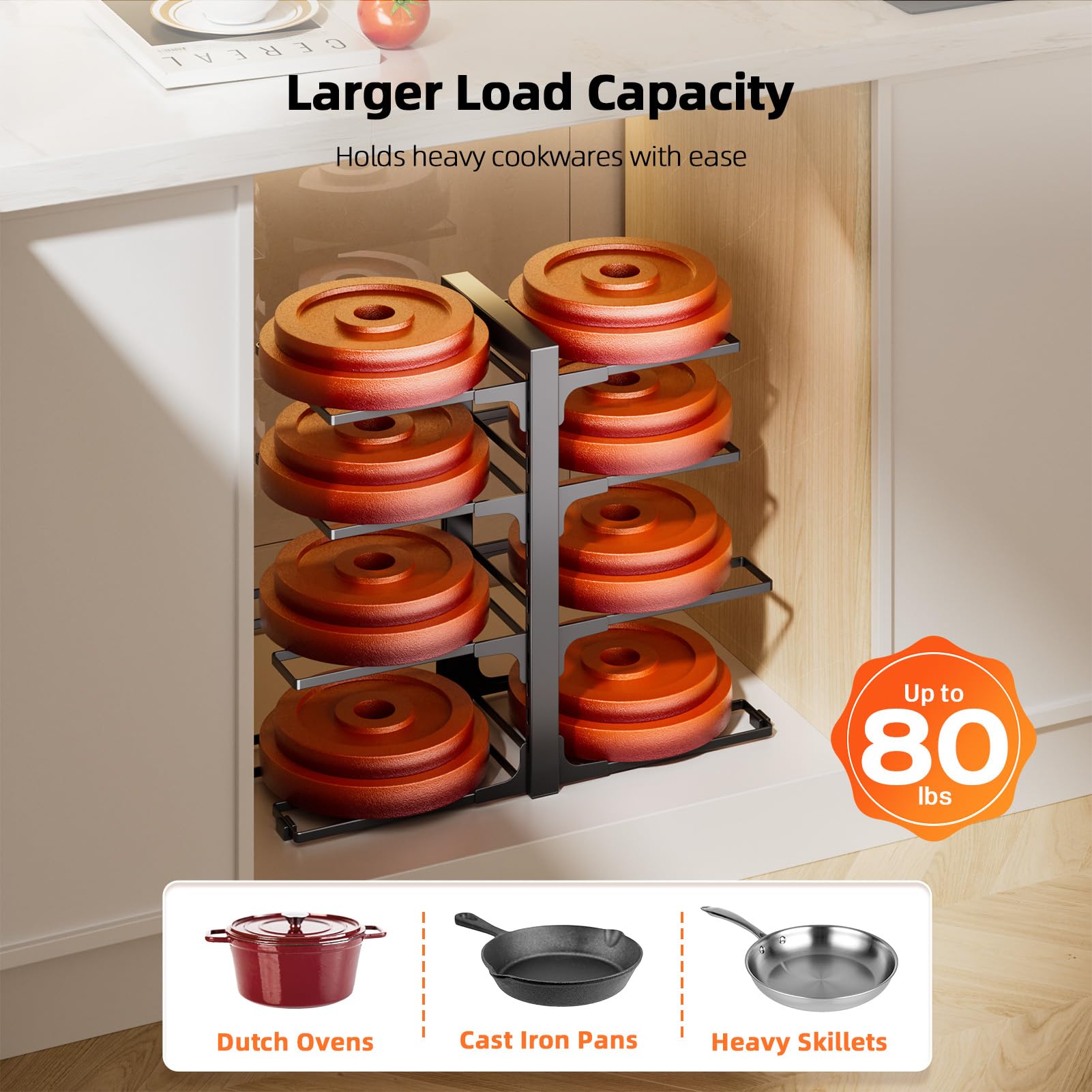 MUDEELA 8-Tier Pots and Pans Organizer under Cabinet, Adjustable Heavy Duty 120LBS Pot and Pan Organizer Rack inside Cabinet for Kitchen Organizer Cast-iron Pans, Heavy Skillets Griddles, Shallow Pots