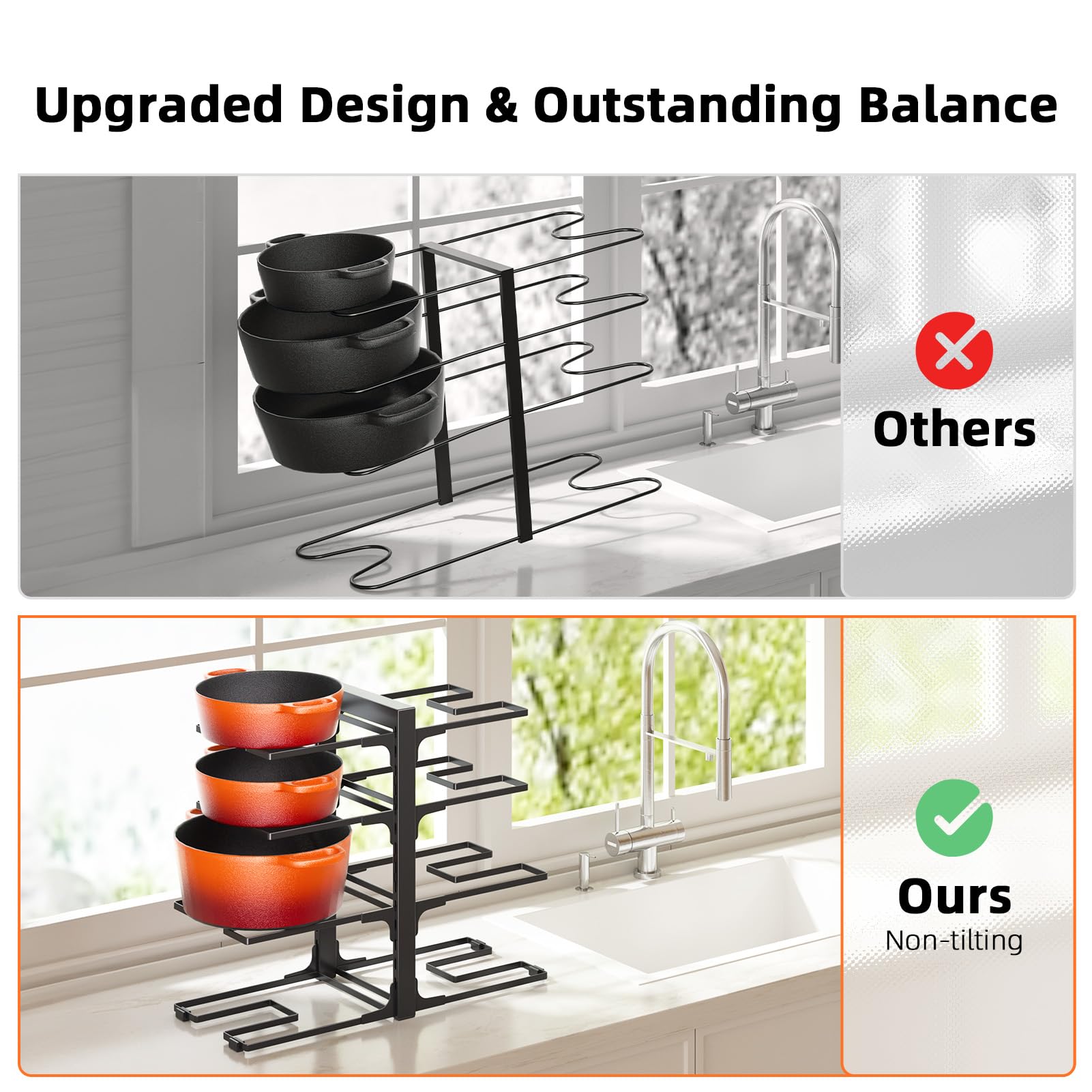 MUDEELA 8-Tier Pots and Pans Organizer under Cabinet, Adjustable Heavy Duty 120LBS Pot and Pan Organizer Rack inside Cabinet for Kitchen Organizer Cast-iron Pans, Heavy Skillets Griddles, Shallow Pots