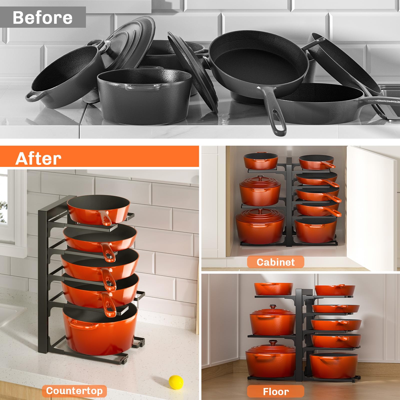 MUDEELA 8-Tier Pots and Pans Organizer under Cabinet, Adjustable Heavy Duty 120LBS Pot and Pan Organizer Rack inside Cabinet for Kitchen Organizer Cast-iron Pans, Heavy Skillets Griddles, Shallow Pots