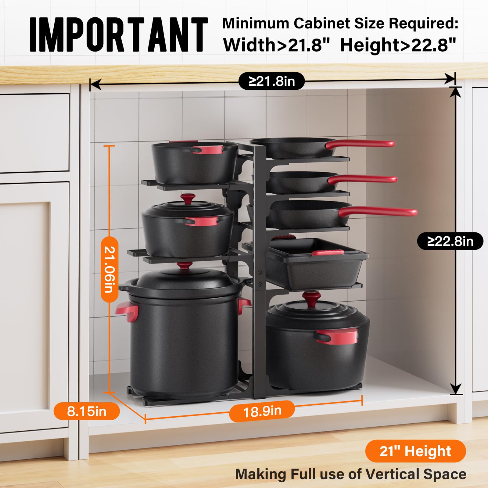 MUDEELA Pots and Pans Organizer under Cabinet 21" Height 8-Tier Kitchen Cabinet Organizers and Storage for Big Stockpots