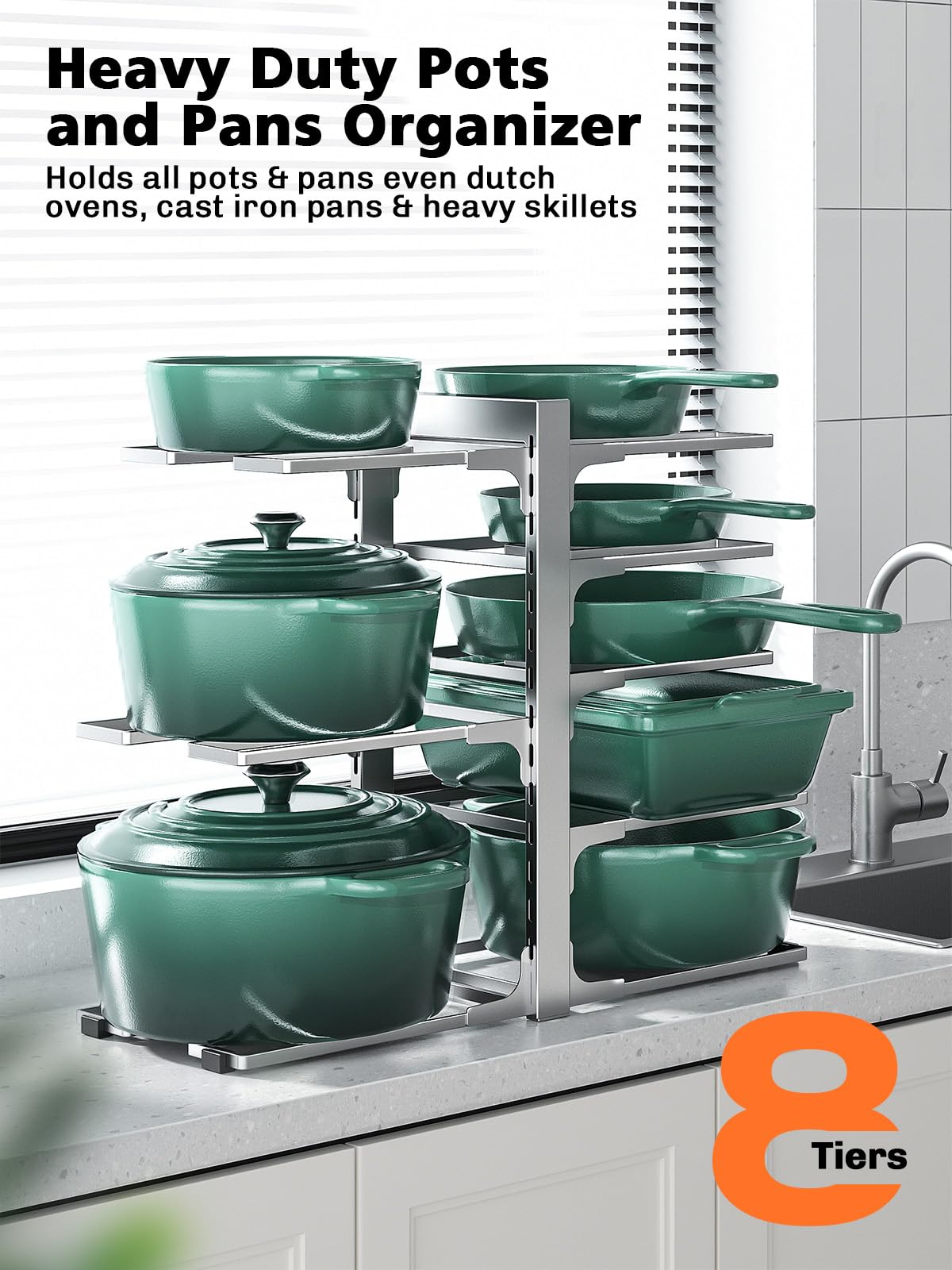 MUDEELA 8-Tier Pots and Pans Organizer for Cabinet, Adjustable Heavy Duty 120LBS Pot and Pan Organizer Rack Under Cabinet, Kitchen Cabinet Storage and Organization Cookware Baking Frying Rack