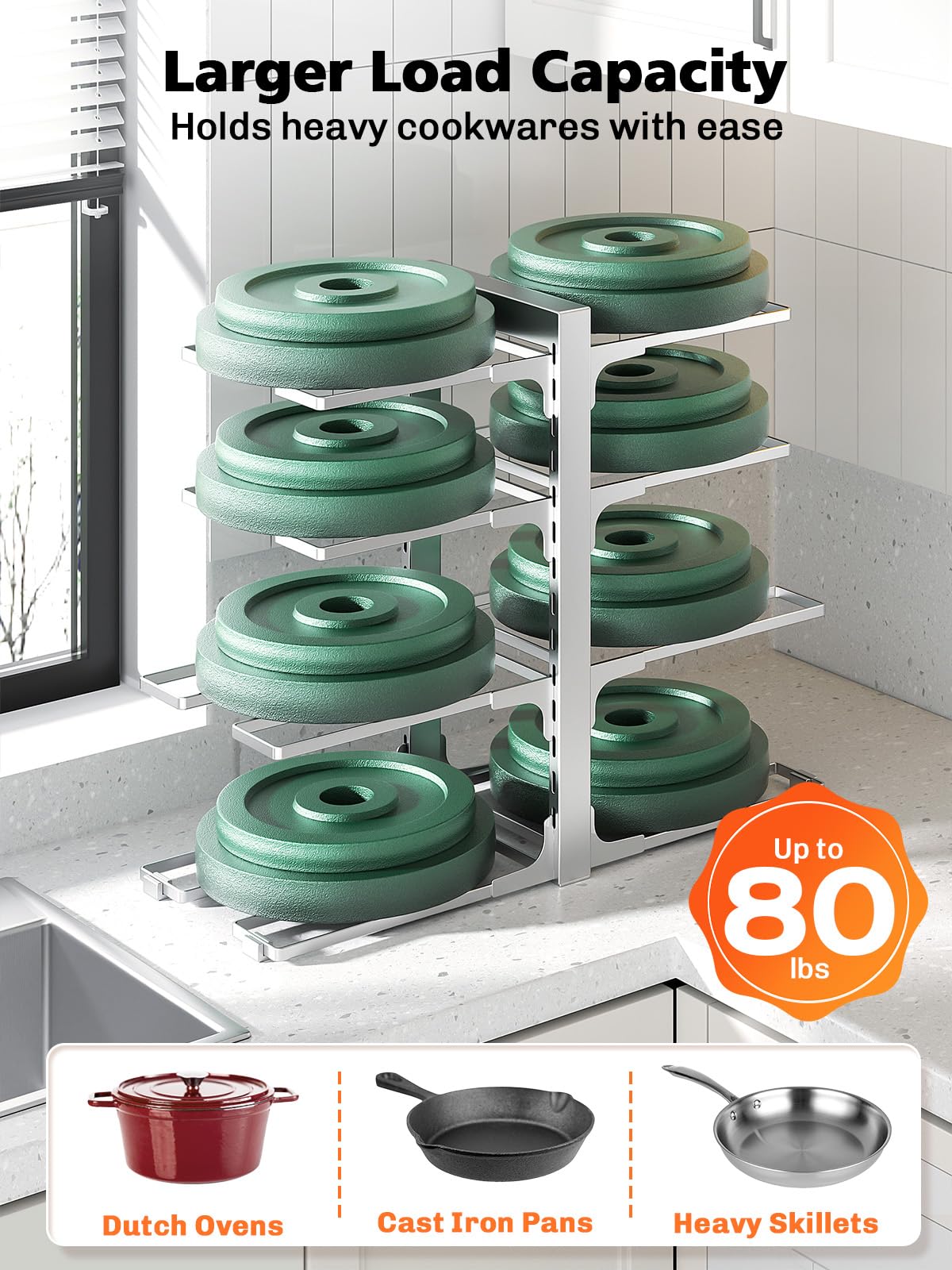 MUDEELA 8-Tier Pots and Pans Organizer for Cabinet, Adjustable Heavy Duty 120LBS Pot and Pan Organizer Rack Under Cabinet, Kitchen Cabinet Storage and Organization Cookware Baking Frying Rack