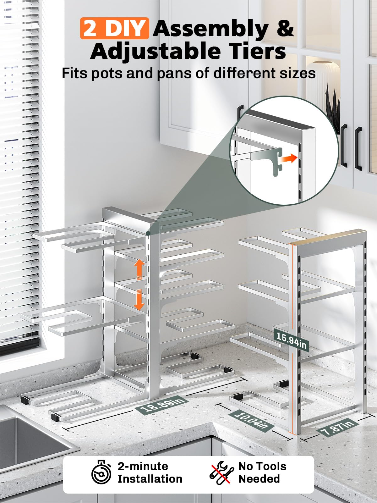 MUDEELA 8-Tier Pots and Pans Organizer for Cabinet, Adjustable Heavy Duty 120LBS Pot and Pan Organizer Rack Under Cabinet, Kitchen Cabinet Storage and Organization Cookware Baking Frying Rack