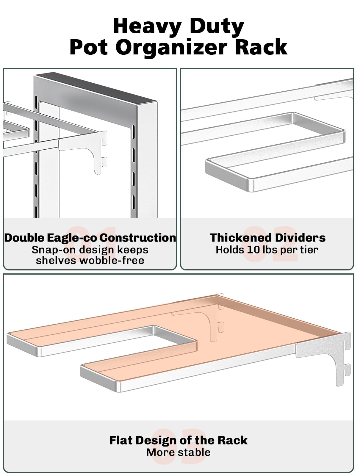 MUDEELA 8-Tier Pots and Pans Organizer for Cabinet, Adjustable Heavy Duty 120LBS Pot and Pan Organizer Rack Under Cabinet, Kitchen Cabinet Storage and Organization Cookware Baking Frying Rack