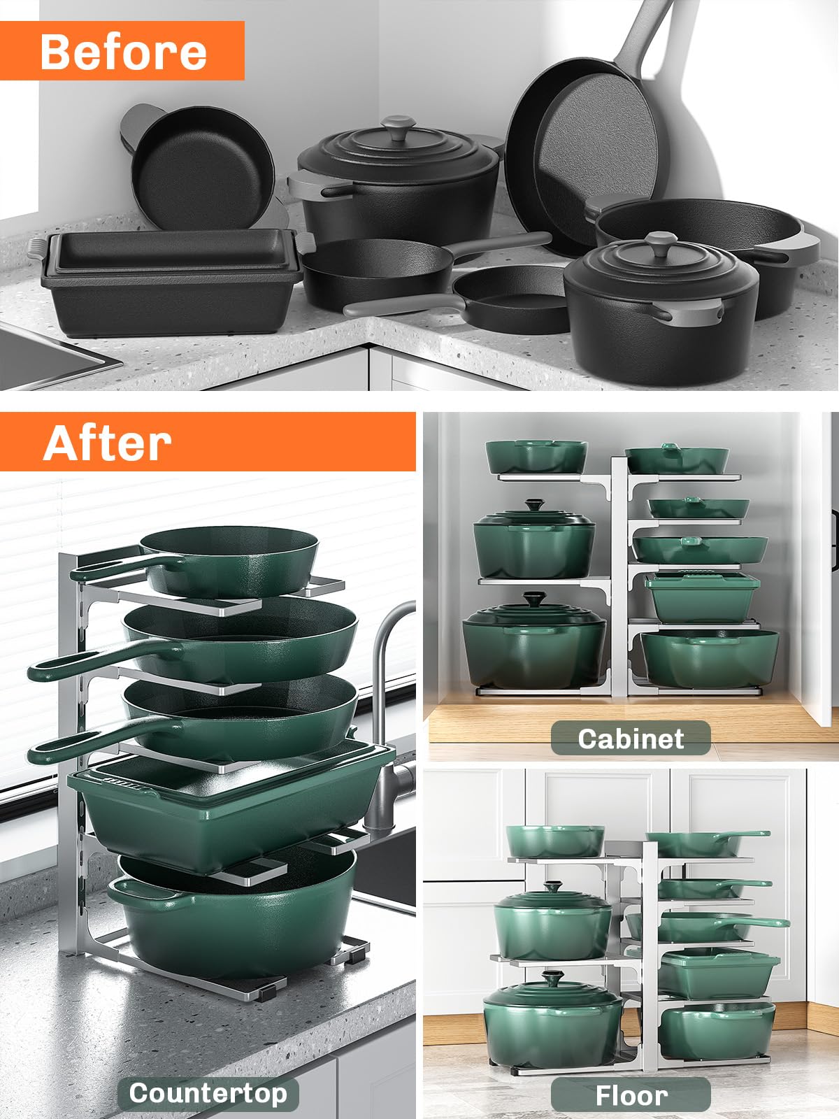 MUDEELA 8-Tier Pots and Pans Organizer for Cabinet, Adjustable Heavy Duty 120LBS Pot and Pan Organizer Rack Under Cabinet, Kitchen Cabinet Storage and Organization Cookware Baking Frying Rack