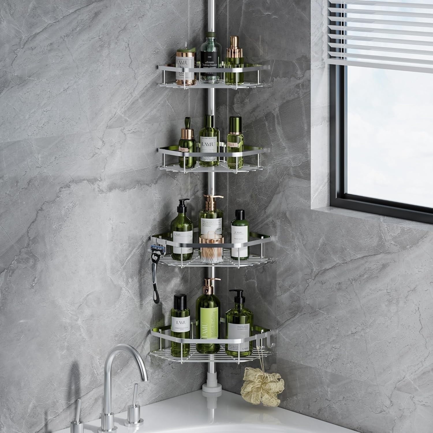 LazySpin 4-Tier Corner Shower Caddy Tension Pole, Silver