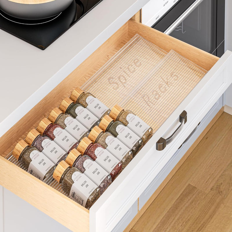2 Pack Spice Drawer Organizer, 2 Tier Expandable from 11" to 22" Seasoning Rack Tray Insert for Kitchen Drawers, Spice Rack Tray for Drawer/Countertop, Transparent