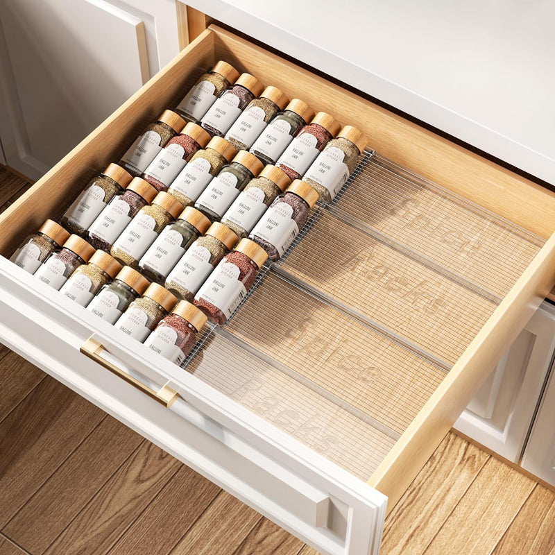 4 Pack Spice Drawer Organizer, 2 Tier Expandable from 11" to 22" Seasoning Rack Tray Insert, Spice Rack Tray for Kitchen Drawer Countertop, Transparent