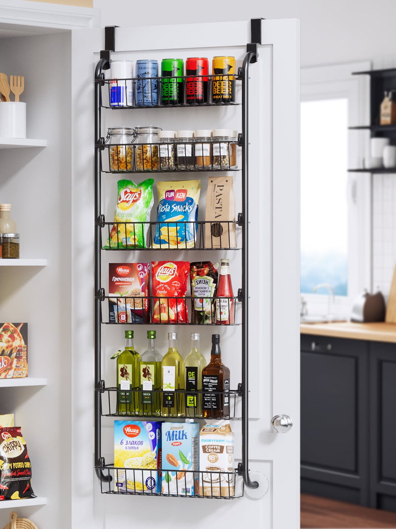 6 Tier Over the Door Pantry Organizer and Storage Rack with 6 Full Baskets, Metal Hanging & Wall Mounted Kitchen Storage Spice Rack-Black