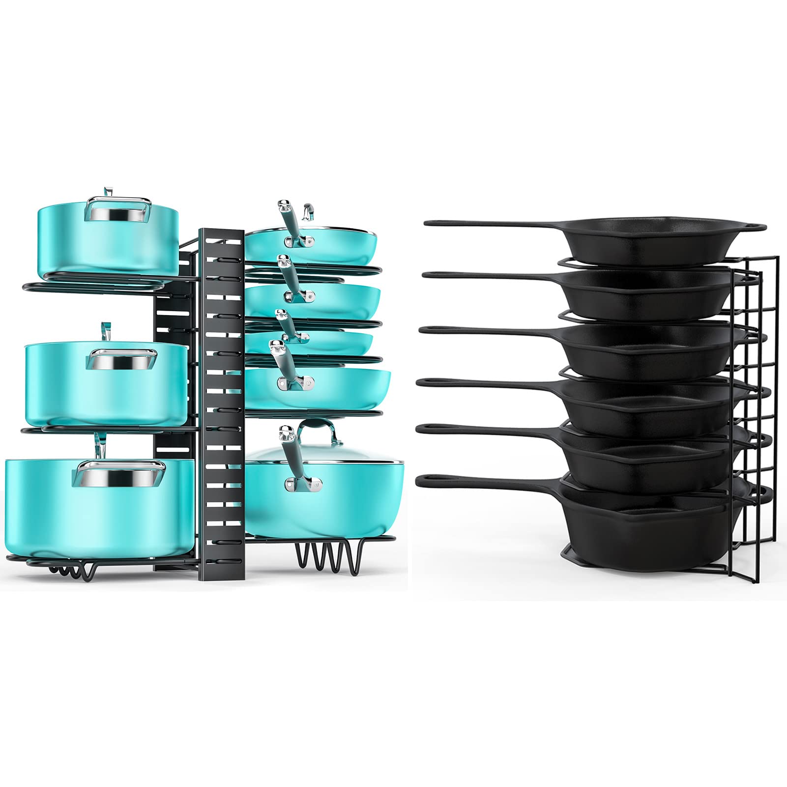 MUDEELA 8 Tiers Pots and Pans Organizer and 6 Tiers Heavy Duty Pan Organizer Bundle