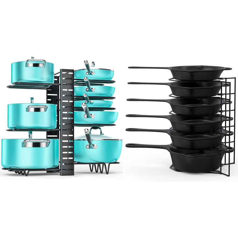 MUDEELA 8 Tiers Pots and Pans Organizer and 6 Tiers Heavy Duty Pan Organizer Bundle