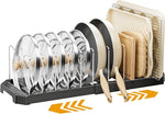 MUDEELA Pot Lid Organizer Rack for Cabinet, Expandable Pots and Pans Organizer under Cabinet with 12 Adjustable Dividers, Pan Organizers Holder inside Cabinet for Cutting Boards, Baking Sheets, White