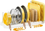 Mudeela Pot Lid Organizer Rack for Cabinet, Expandable Pots and Pans Organizer under Cabinet with 10 Adjustable Dividers, Pan Organizers Holder inside Cabinet for Plates, Cutting Boards, Baking Sheets