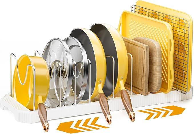 Mudeela Pot Lid Organizer Rack for Cabinet, Expandable Pots and Pans Organizer under Cabinet with 10 Adjustable Dividers, Pan Organizers Holder inside Cabinet for Plates, Cutting Boards, Baking Sheets