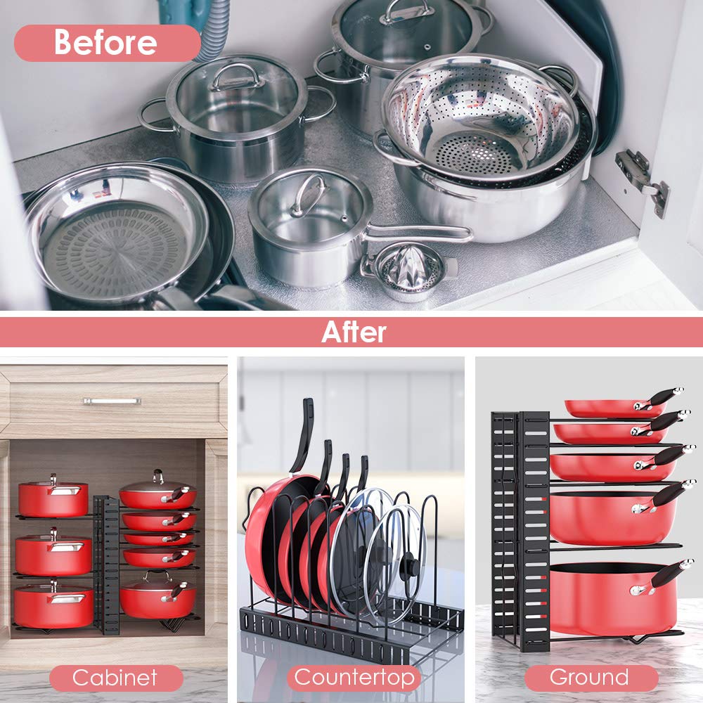 MUDEELA Pan Organizer Rack for Cabinet with 3 DIY Methods and 8-Tier  Adjustable Heavy Duty Pan Organizer Rack for Cabinet Bundle