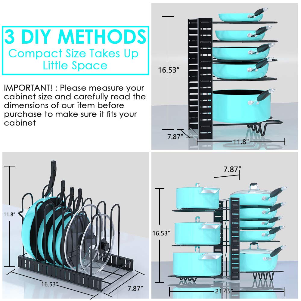 mudeela Pan Organizer Rack for Cabinet, Pot Rack with 3 DIY Methods,  Adjustable Pots and Pans Organizer under Cabinet with 8 Tiers, Larg