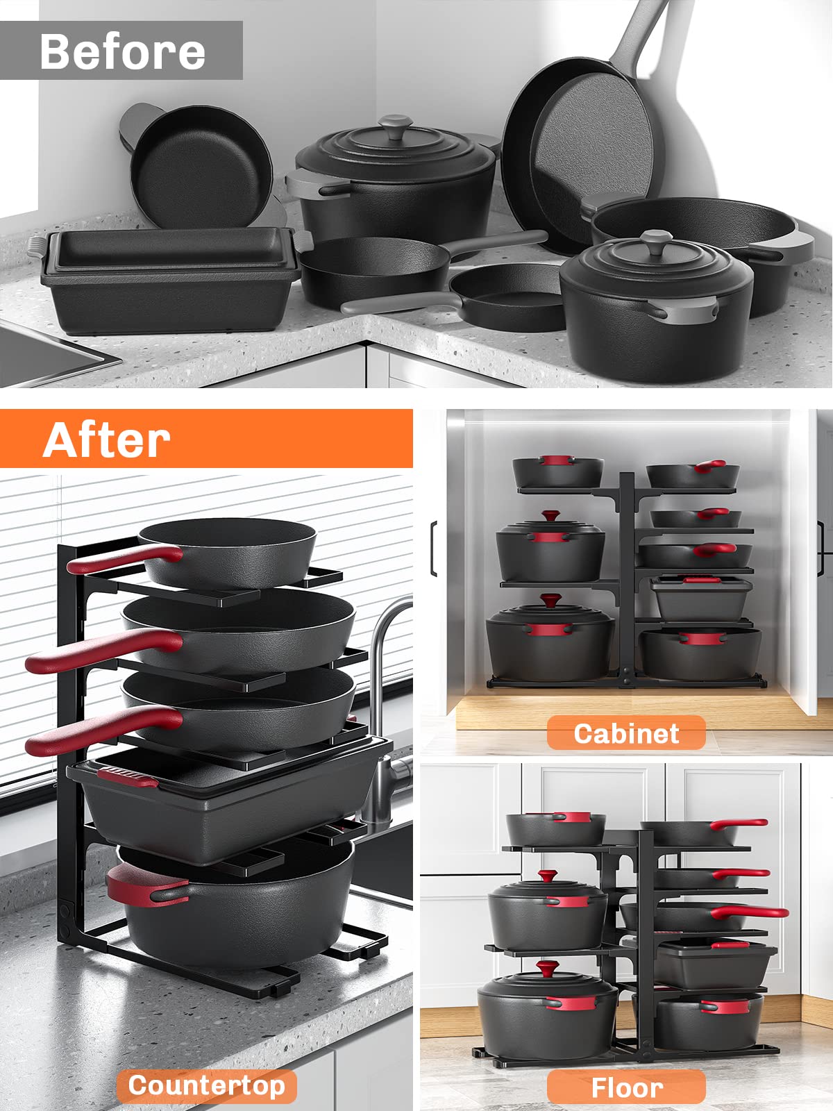 MUDEELA Pots and Pans Organizer for Cabinet 8-Tier Heavy Duty Adjustable  Pan Organizer Rack for Cabinet, Pot Organizer Rack for Kitchen Cabinet